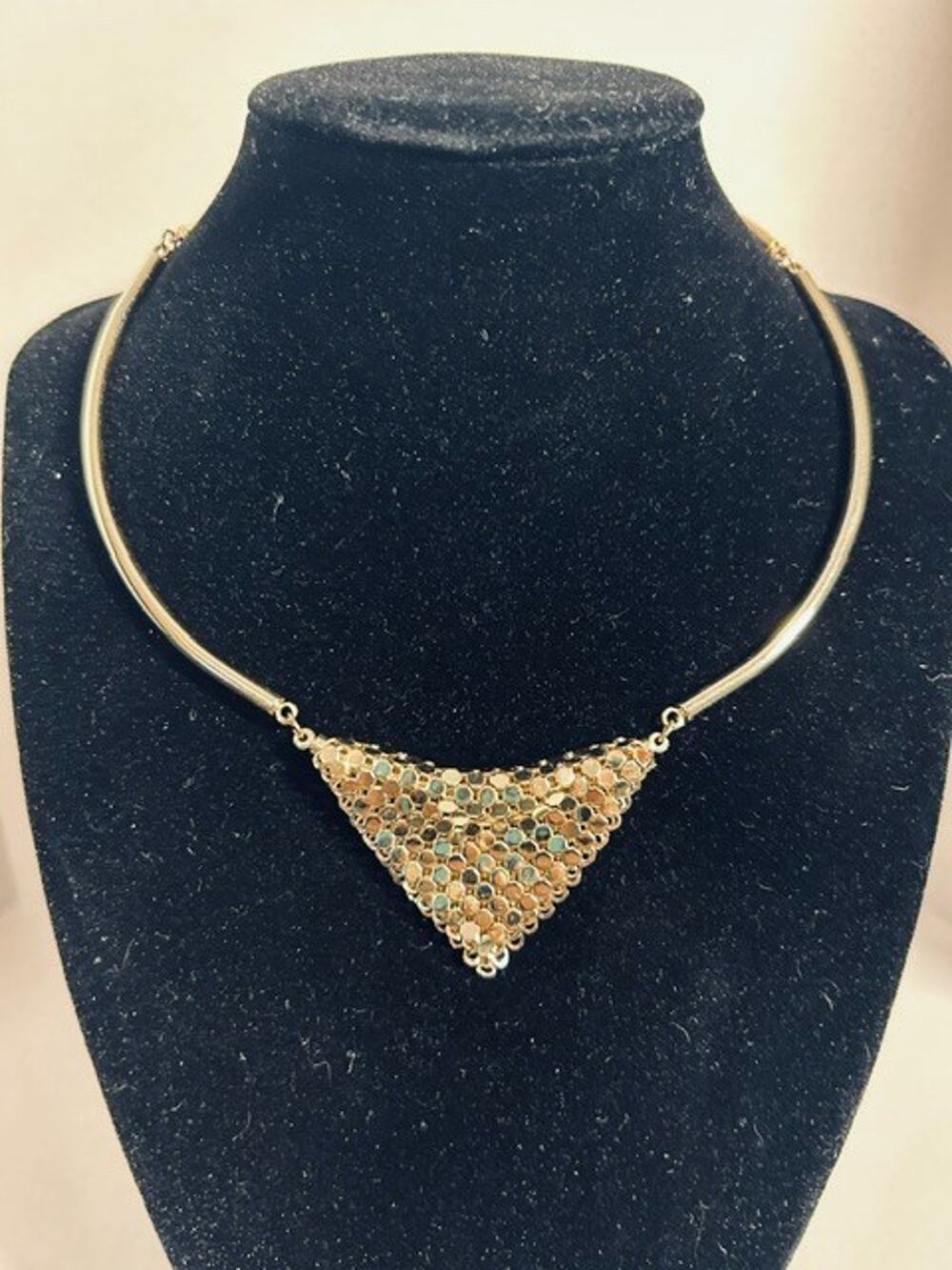 Gold Tone Triangle Mesh Bib Collar Necklace Geometric Statement Costume Jewelry